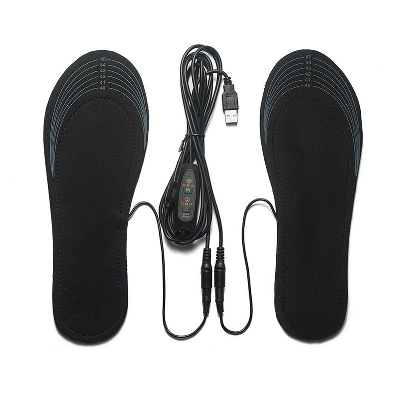 Cuttable USB heated insoles for warm feet, rechargeable foot warmers (power supply not included).